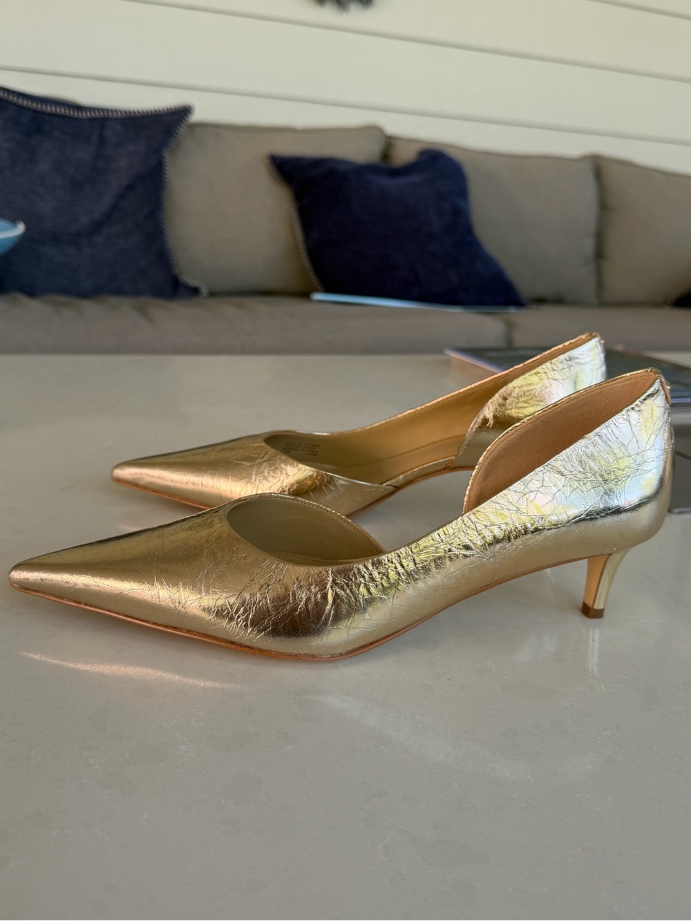 Gold Pointed-Toe Kitten Heel Pumps - Women , Michael Kors, genuine leather